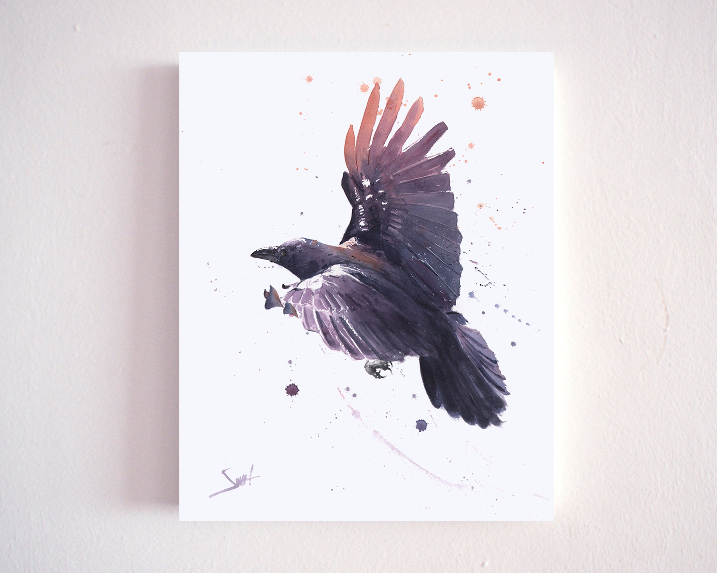水彩画のカラスのアートプリント - バードウォッチャーのための飛翔する鳥の絵画 - Etsy 日本, image size:2500x2000