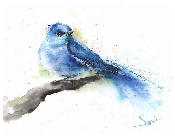 水彩画の山の青い鳥のアートプリント - 青い鳥の絵画 - Etsy 日本