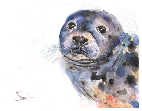 アザラシのプリント、水彩画のアザラシアート、海洋生物の絵画