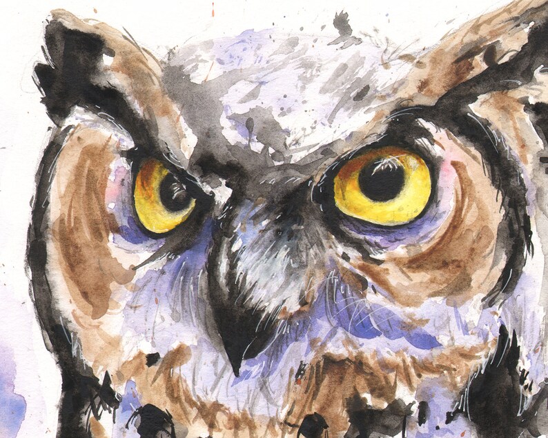 Washed Owl Horned Owl Art Print – Signed Watercolor Bird Painting - Etsy