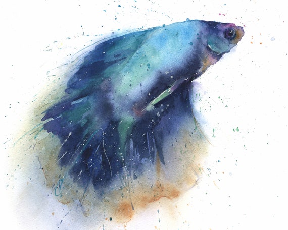 水彩画のベタの魚のプリント - 水生壁アート、カラフルな魚の絵画 