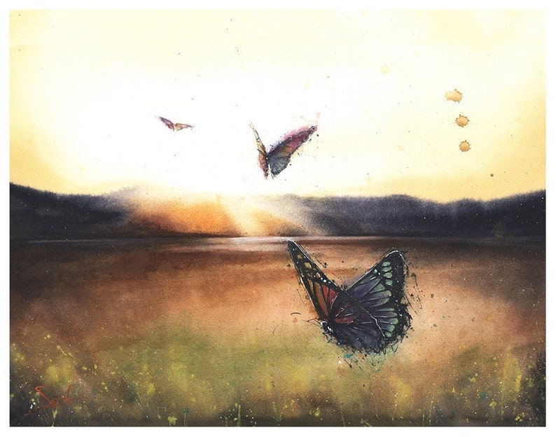 Butterfly Sunset Watercolor Print - Nature Wall Decor image 1