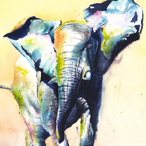 May include: A watercolor painting of an elephant with blue, green, and yellow hues. The elephant is facing the right side of the image and has its trunk raised.