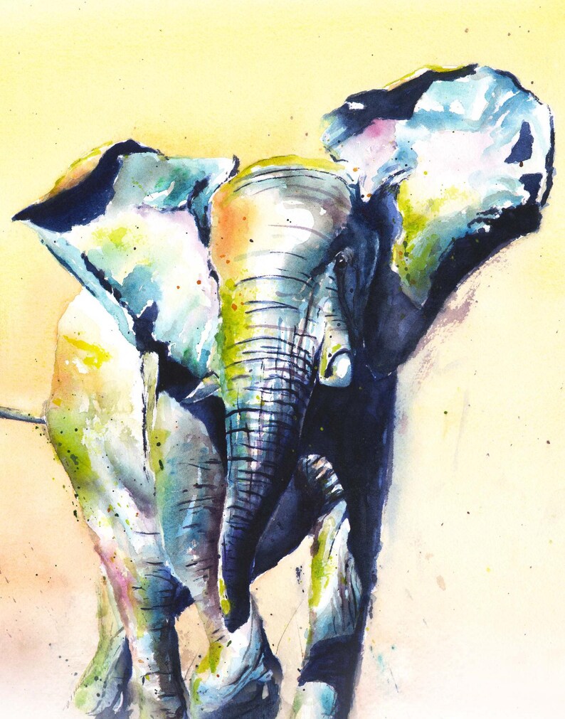 May include: A watercolor painting of an elephant with blue, green, and yellow hues. The elephant is facing the right side of the image and has its trunk raised.