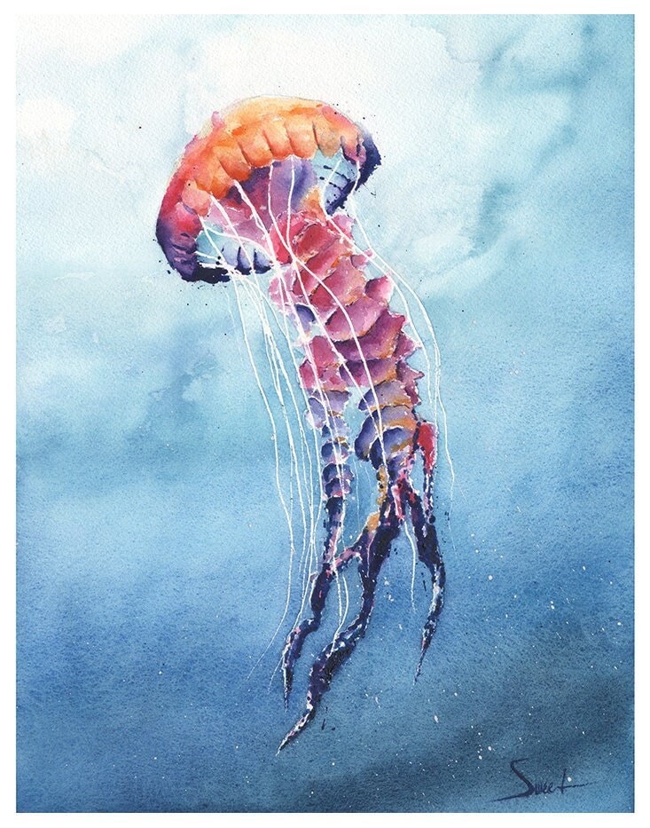 クラゲの水彩画アートプリント - カラフルな海の動物のウォールアート