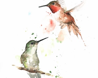 Two Rufous Hummingbirds Watercolor Art Print - Peaceful Bird Painting