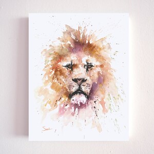 May include: Watercolor painting of a lion's face with a brown, orange, and purple mane. The background is white with splatters of paint.