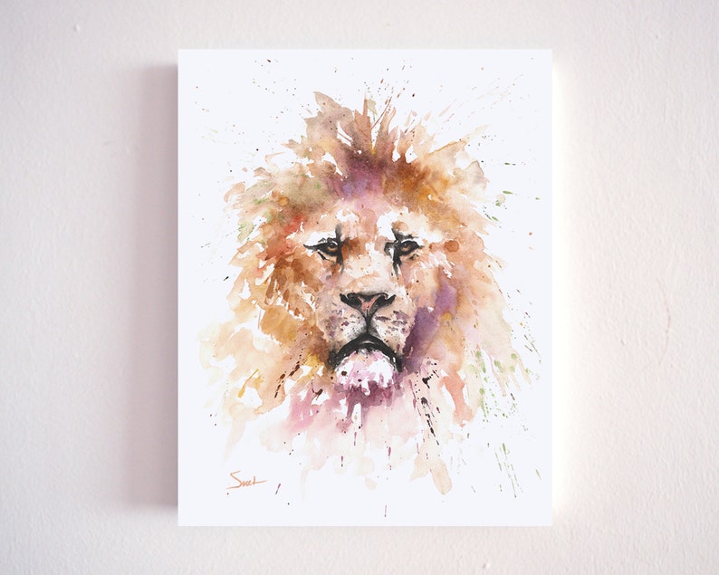May include: Watercolor painting of a lion's face with a brown, orange, and purple mane. The background is white with splatters of paint.