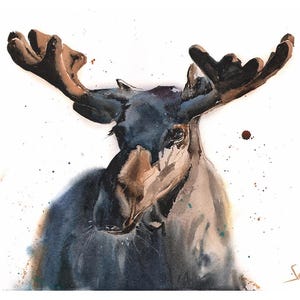 Watercolor moose wall art - moose painting, forest animal painting, rustic woodland decor, lodge artwork, cabin wall art