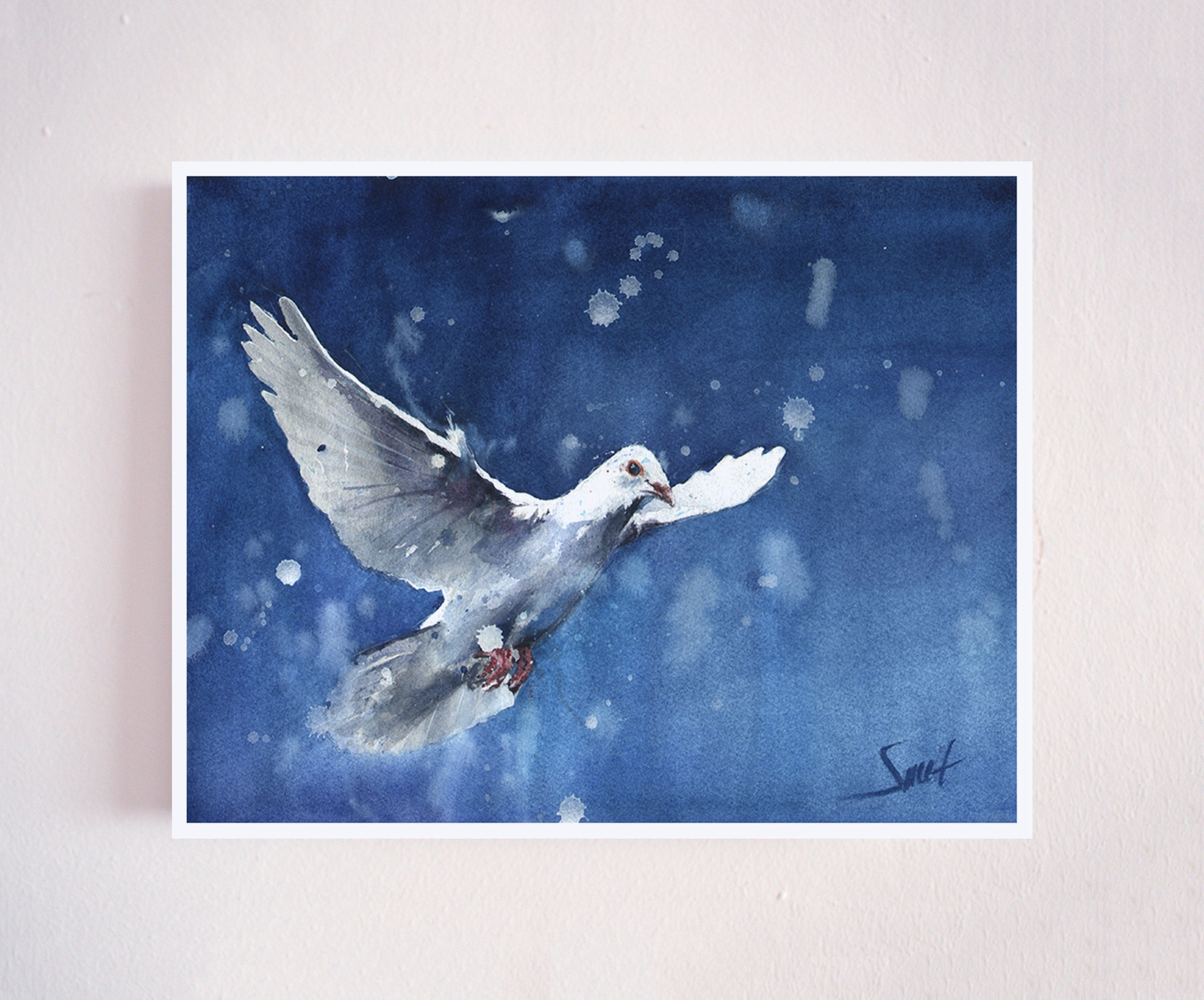 白い鳩の絵画 鳩のアートプリント 鳥の装飾 オリジナル水彩画