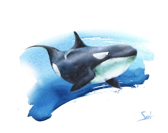 Orca Watercolor Art Print - Killer Whale Painting - Marine Animal Wall Decor