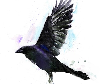 Watercolor Crow Print - Flying Black Bird Painting, Gothic Wall Art