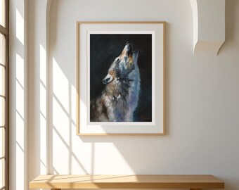 遠吠えするオオカミのアートプリント - 野生動物の装飾、動物の油絵