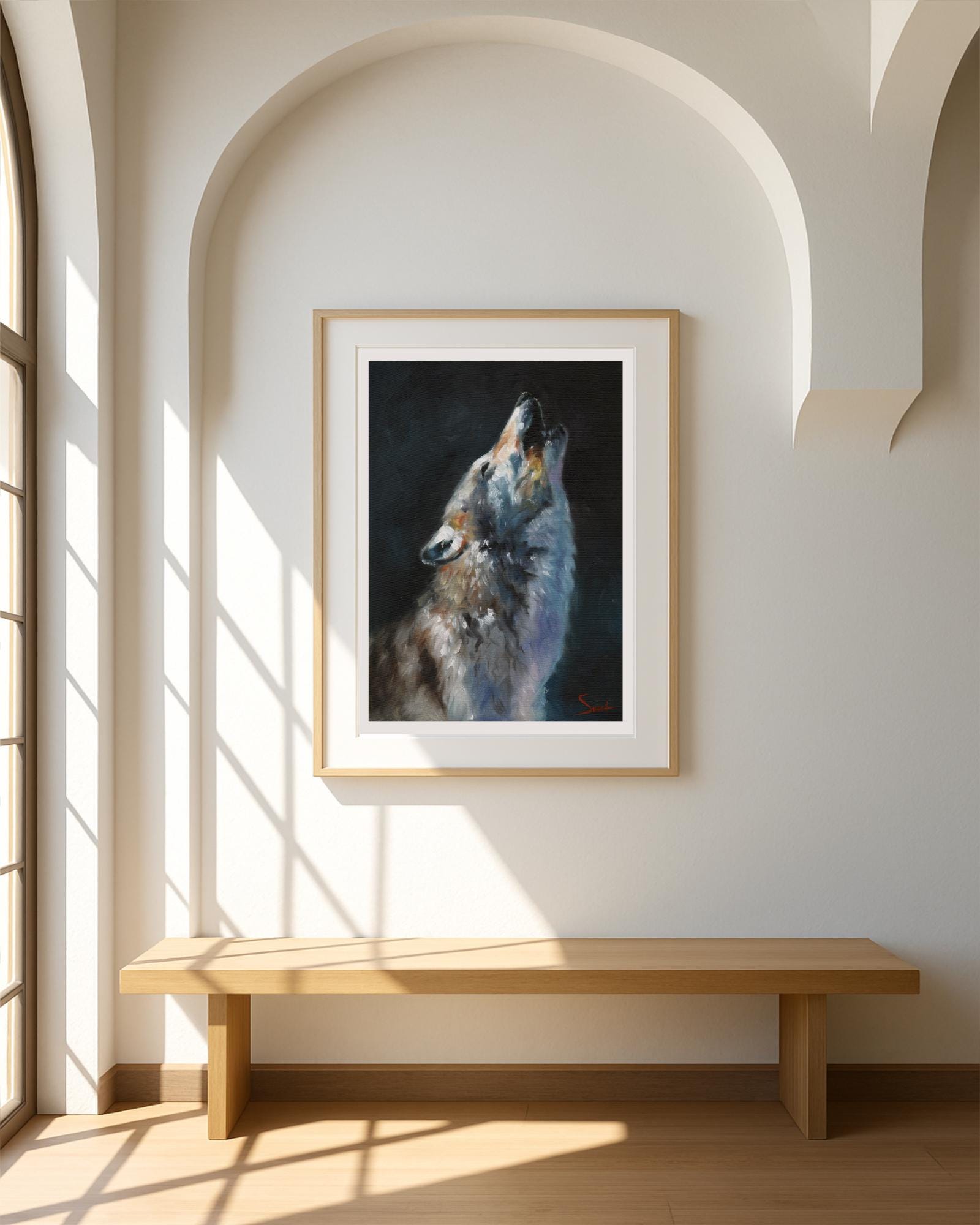 遠吠えするオオカミのアートプリント - 野生動物の装飾、動物の油絵
