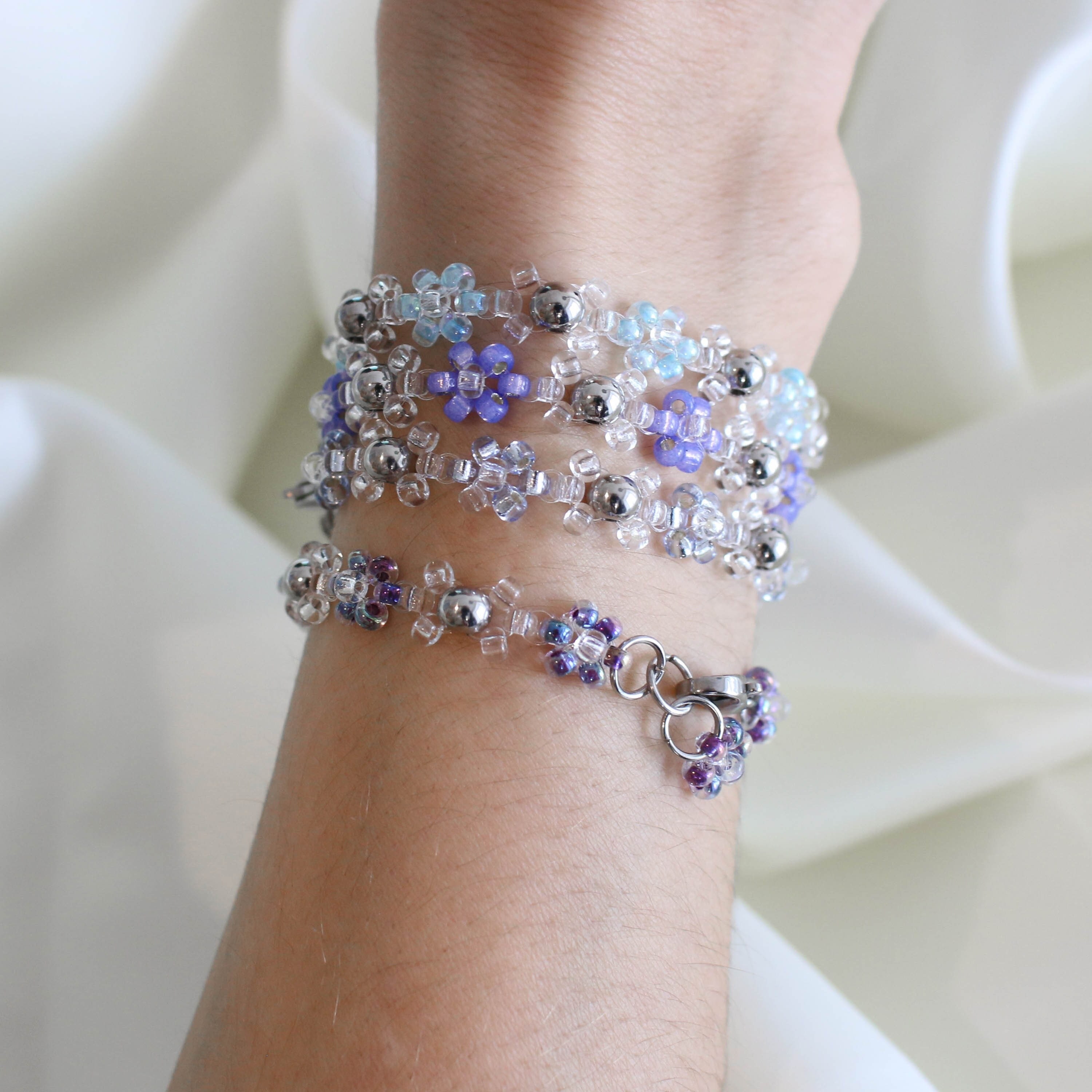 Bracelet élastiqué ALASSIO argent, Perles Miyuki gris violet & Etoiles  TAILLE M