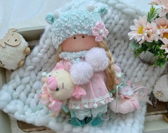Tilda Doll Handmade with Lamb Hat, Collection Soft Doll Lamb, Textile Interior Decor Doll