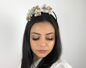 Gold, Baby Pastel Blue and white Leather Off-Centre Flower Crown Fascinator Headpiece