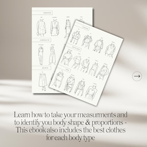 May include: Two white paper sheets with fashion illustrations. One sheet displays dresses, jumpsuits, and skirts. The other sheet shows sleeves, necklines, and tops. Text at the bottom reads: Learn how to take your measurements and to identify your body shape & proportions.