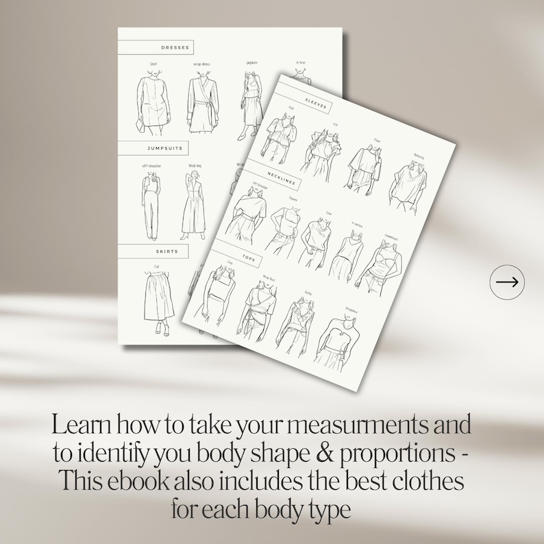 May include: Two white paper sheets with fashion illustrations. One sheet displays dresses, jumpsuits, and skirts. The other sheet shows sleeves, necklines, and tops. Text at the bottom reads: Learn how to take your measurements and to identify your body shape & proportions.