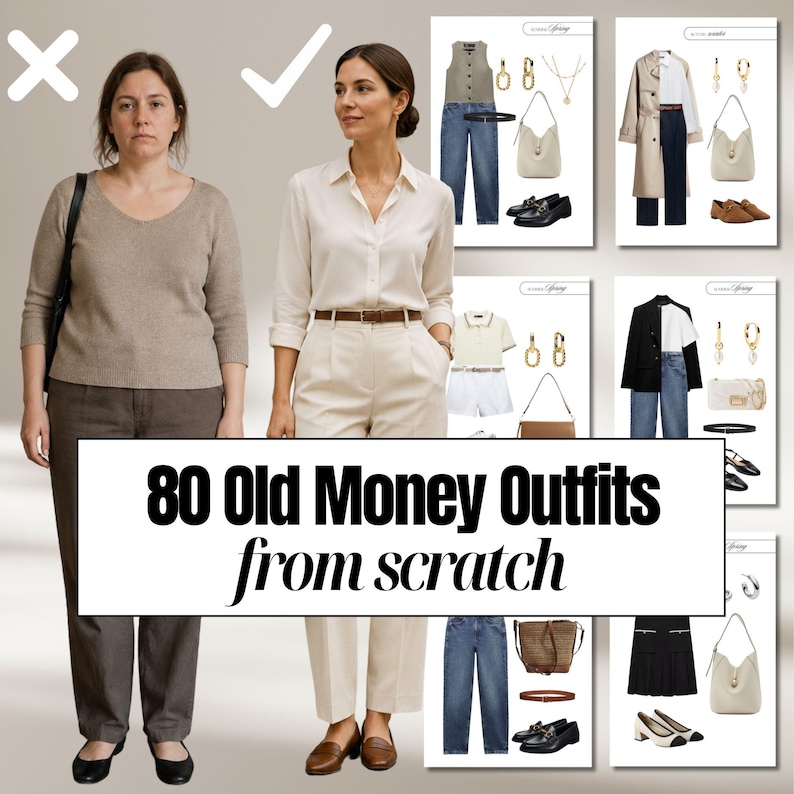 Peut inclure: Image pr&eacute;sentant deux femmes, l'une en tenue d&eacute;contract&eacute;e et l'autre en tenue &eacute;l&eacute;gante. L'image comprend des planches d'inspiration de tenues avec divers v&ecirc;tements et accessoires. Le texte sur l'image indique "80 Old Money Outfits from scratch."