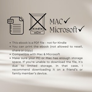May include: An ebook product image with a PDF icon, a crossed-out Kindle icon, and checkmarks next to "MAC" and "Microsoft." Text states the ebook is a PDF, not for Kindle, can be printed, and is compatible with Mac & Microsoft.