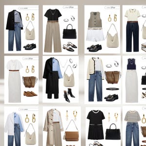 May include: A collection of outfits featuring various clothing items and accessories. Each outfit includes tops, bottoms, shoes, handbags, and jewelry. The color palettes range from neutral tones to brighter hues, showcasing diverse styles for different occasions.