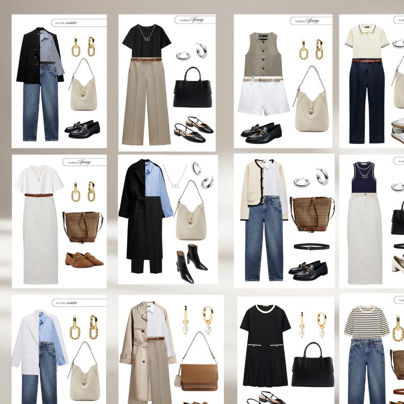 May include: A collection of outfits featuring various clothing items and accessories. Each outfit includes tops, bottoms, shoes, handbags, and jewelry. The color palettes range from neutral tones to brighter hues, showcasing diverse styles for different occasions.