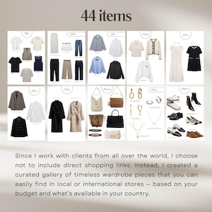 May include: A curated collection of 44 timeless wardrobe items, including clothing, shoes, and accessories, displayed on individual cards. The image features a variety of garments in neutral colors, such as white, black, and beige, and includes text at the top that says "44 items".