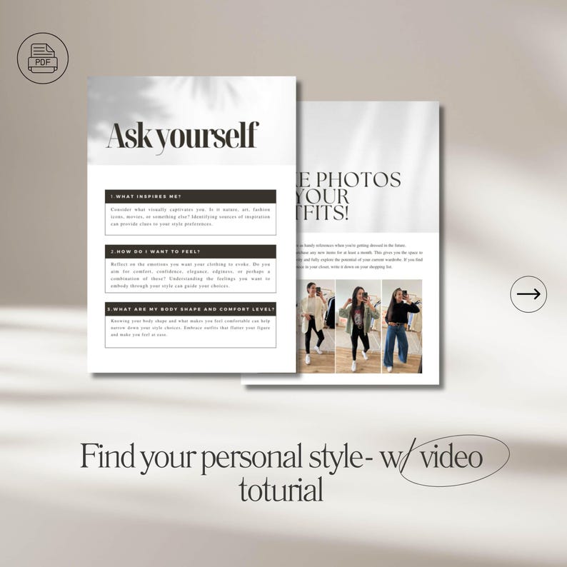 May include: Two-page layout with the text "Ask yourself" and "Find your personal style- w/ video tutorial". The left page has questions about inspiration, feelings, and body shape. The right page shows outfit photos.