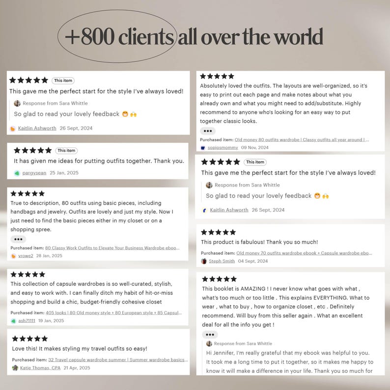 May include: Image featuring customer reviews with five-star ratings and positive comments about a style guide. The reviews mention outfits, capsule wardrobes, and easy-to-follow layouts. Text at the top reads "+800 clients all over the world."