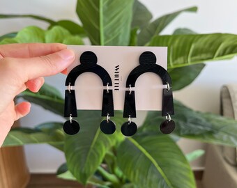 Black statement earrings, large earrings, modern jewelry, minimalist earrings, geometric earrings, big black capsule wardrobe earrings