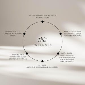 May include: A circular graphic with text including "80 Old Money Style All Year Around Looks", "How to Build a Capsule Wardrobe Guide", and "How to Declutter Your Closet Guide". The word "This" is in the center, with "Includes" below it.