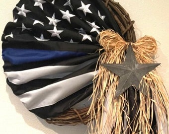 Primitive American Flag Black, White & Blue Line Rustic Grapevine Wreath Patriotic USA July 4th - Embroidered Stars