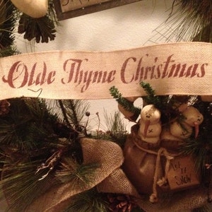 Primitive Olde Thyme Christmas Wired Burlap Ribbon Banner Ornament Garland 4 x 22 image 1
