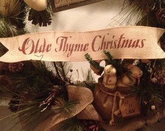 Primitive Olde Thyme Christmas Wired Burlap Ribbon Banner Ornament Garland 4" x 22"