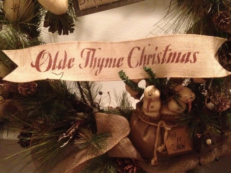 Primitive Olde Thyme Christmas Wired Burlap Ribbon Banner Ornament Garland 4 x 22 image 1