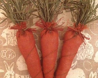 Primitive Handmade Burlap Carrot with Raffia Top and wrapped with Rusty Wire Easter Spring Decor - Bowl Filler - Wreath Accents - Crafts
