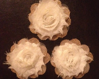 Primitive Natural Burlap & Ivory Chiffon Flowers Rustic Boho Country Barn Wedding Decoration Set/3