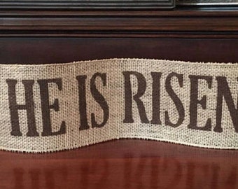 Primitive Wired Burlap Ribbon Easter Banner HE IS RISEN Garland Handmade Painted 4" Lrg
