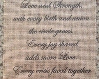 Primitive Burlap Panel Appliqué Sign Family Circle Of Love Strength Inspirational Wedding Gift