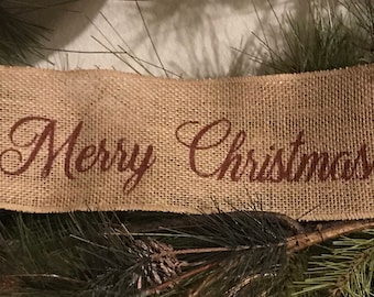 Primitive Merry Christmas Wired Burlap Ribbon Banner Ornament Garland 4"x16”