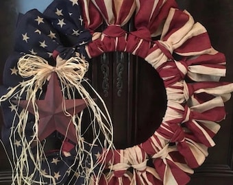 Primitive Rustic Handmade Antiqued Bandana Style American Flag Wreath Patriotic USA July 4th Country Americana Decor Memorial Day