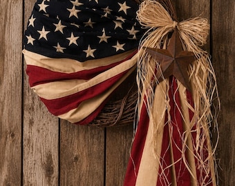 Guirnalda rústica con bandera estadounidense envejecida, decoración patriótica para el 4 de julio, estilo campestre americano - 100% algodón con estrellas bordadas