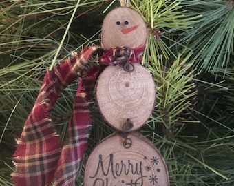 Primitive Christmas Natural Wood Slice Snowman Ornament Handmade Rustic