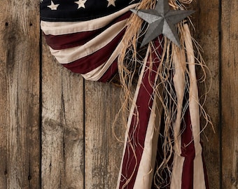 Traditional Style American Flag Wreath – Patriotic Americana July 4th Decor, 100% Cotton, Rustic Star