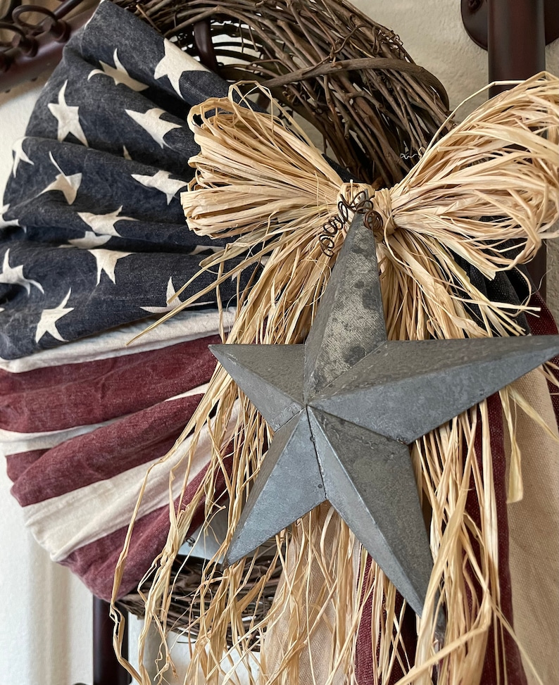 Primitive Antiqued American Flag Wreath Patriotic USA July 4th Country Americana Farmhouse Decor 100% Cotton Embroidered Stars image 8