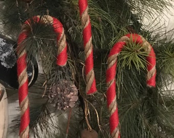 Primitive Christmas Candy Cane Rustic Wire Jute Burlap Ornament Bowl Filler Handmade Set/3