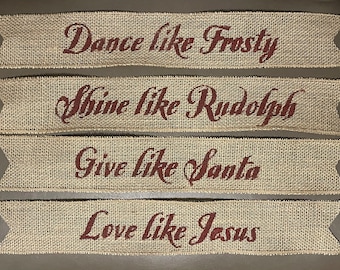 Primitive Christmas Wired Burlap Banners Set/4 - Frosty - Rudolph - Santa - Jesus