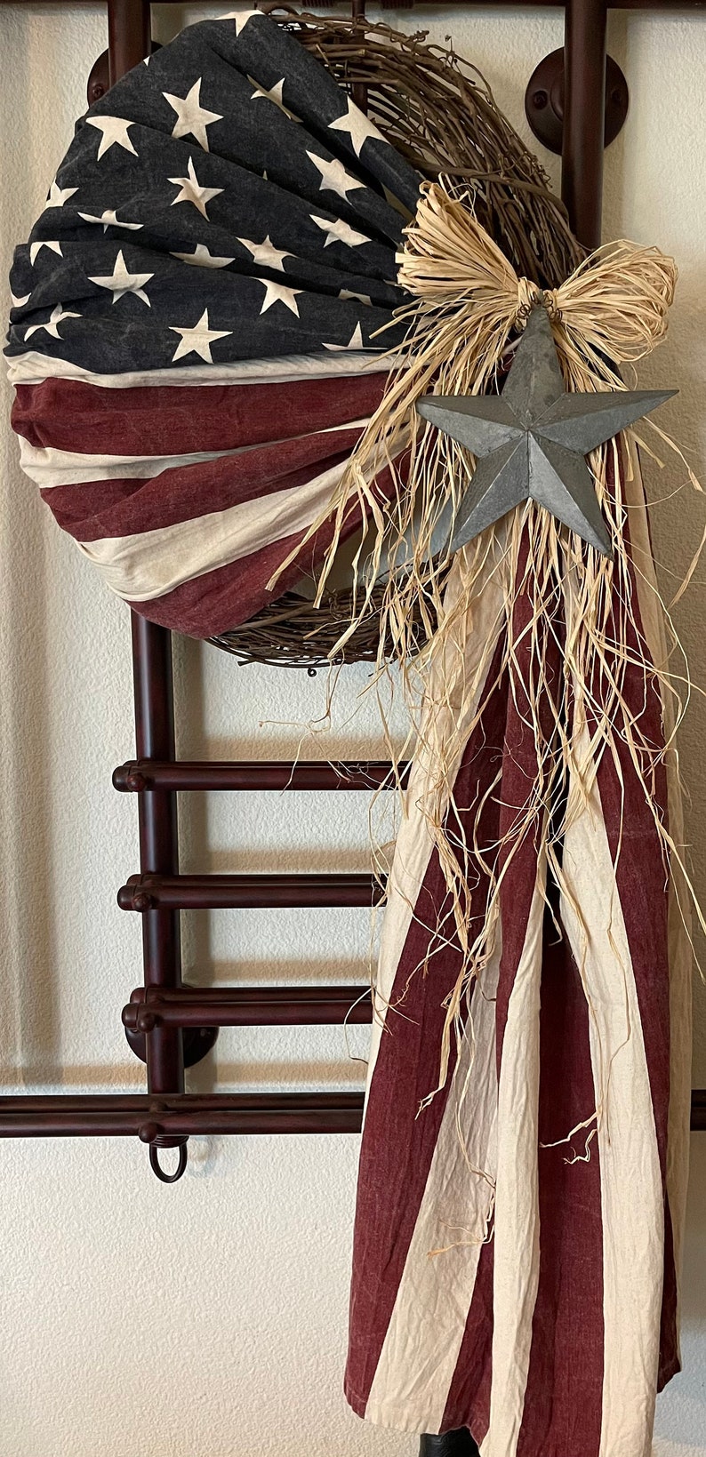 Primitive Antiqued American Flag Wreath Patriotic USA July 4th Country Americana Farmhouse Decor 100% Cotton Embroidered Stars Stone Wash Galv Star