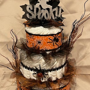 Spooky Season 3 Tier Diaper Cake Halloween Theme Baby Shower Centerpiece Gift Ghost Spider